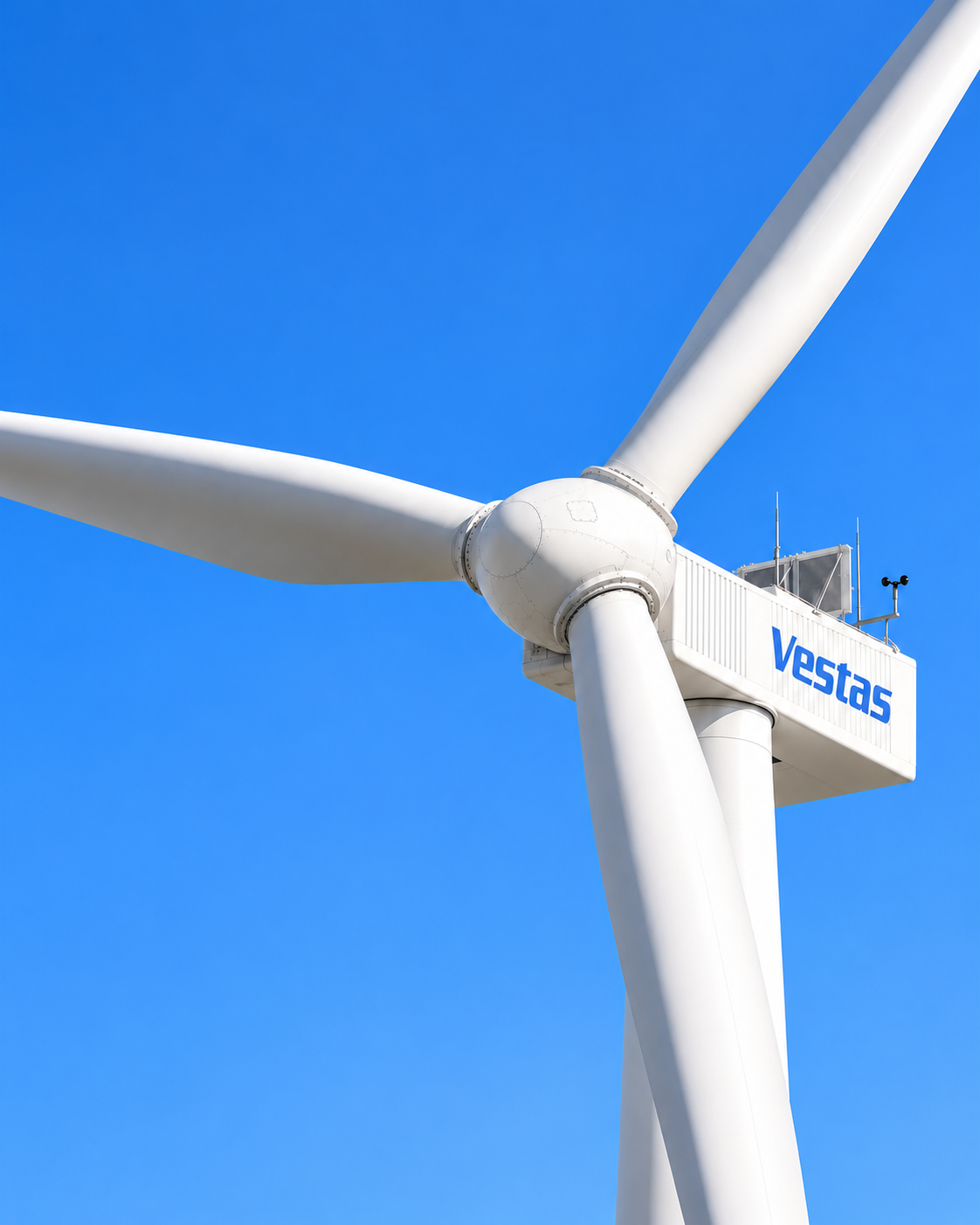 Biała turbina Vestas widziana od dołu na tle błękitnego nieba. Ilustracja wygenerowana komputerowo.